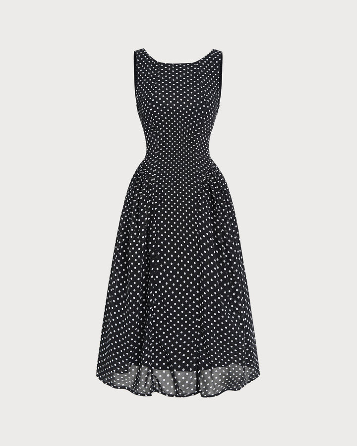 Black Polka Dot Chiffon Midi Dress