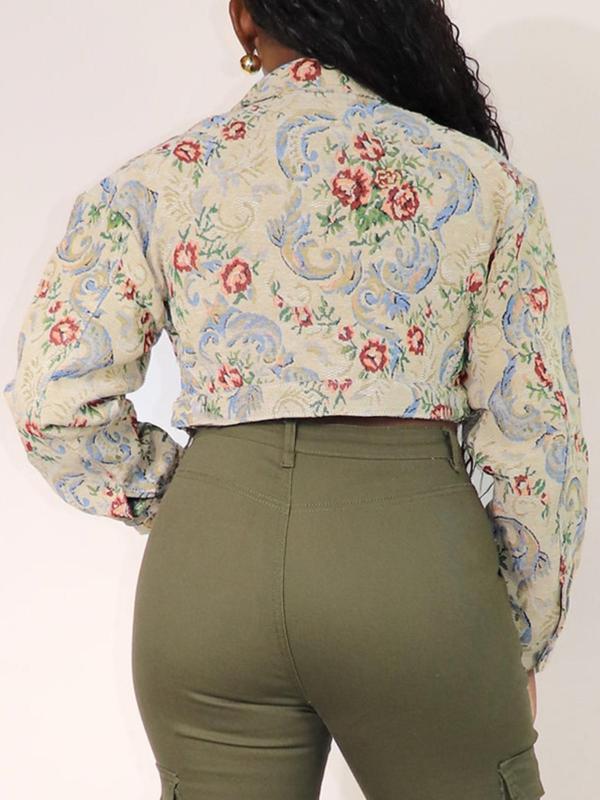Veste courte chic à manches longues et imprimé floral