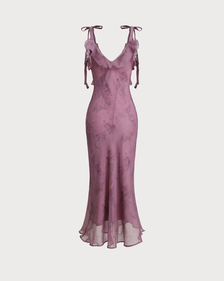 Purple Floral Ruffle Tie Strap Midi Dress
