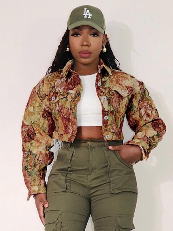 Veste courte chic à manches longues et imprimé floral