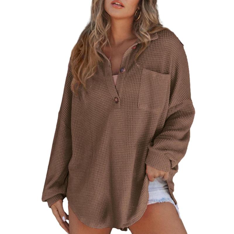 Pull décontracté surdimensionné à col en V en maille gaufrée à manches longues