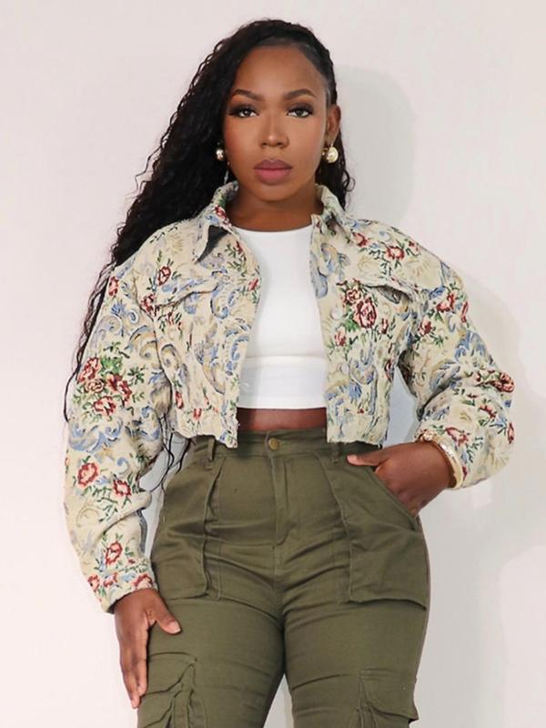 Veste courte chic à manches longues et imprimé floral