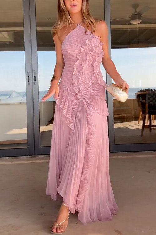 Strappy Halter Neck Ruffle Trim Asymmetric Hem Pleated Maxi Dress