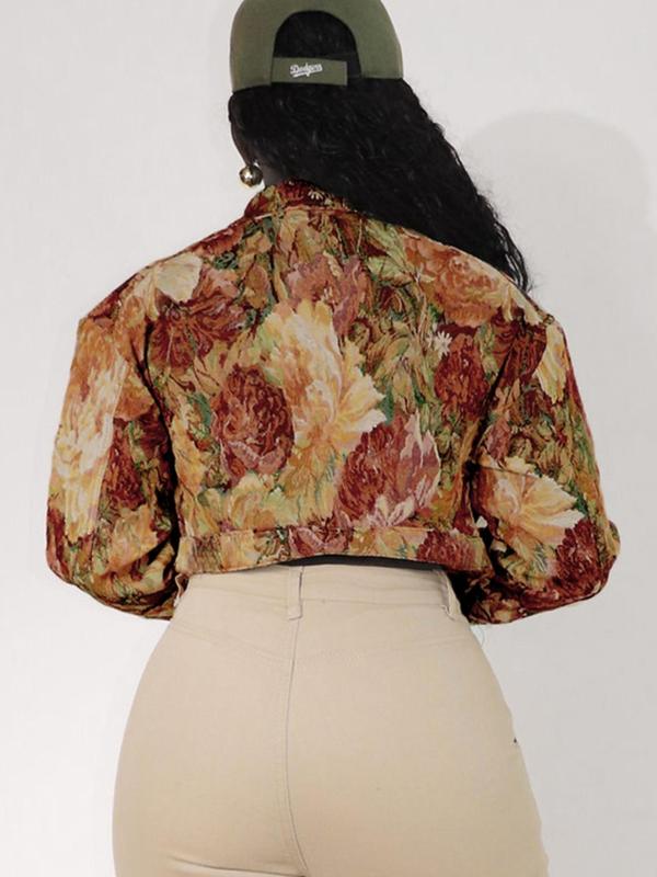Veste courte chic à manches longues et imprimé floral