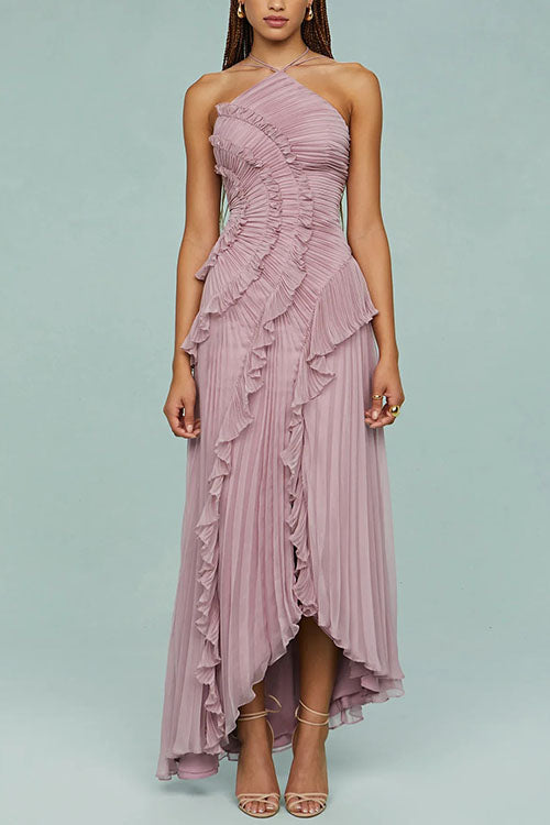 Strappy Halter Neck Ruffle Trim Asymmetric Hem Pleated Maxi Dress