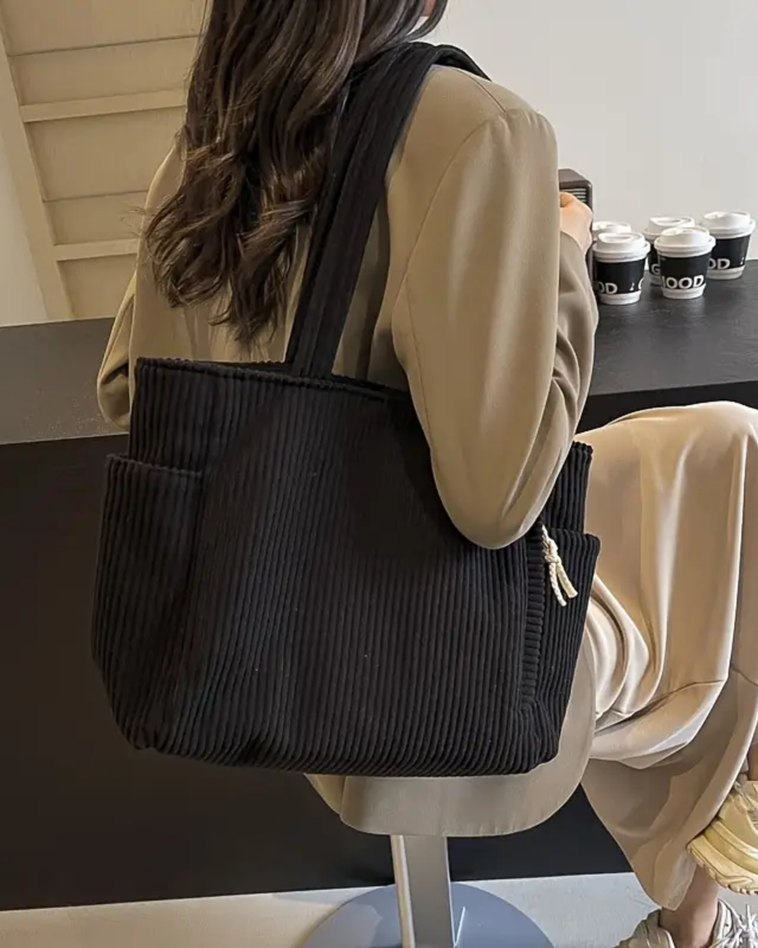 SOCIANI™ – Cabas côtelé tendance avec détail de cordon de serrage