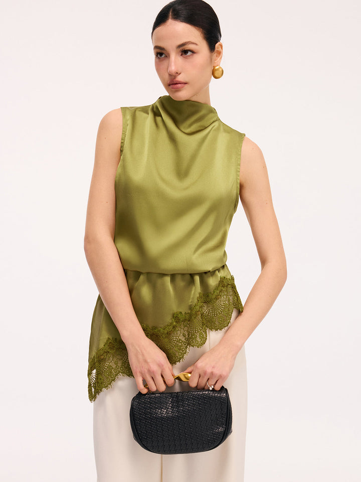 Lace Trim Satin Sleeveless Blouse