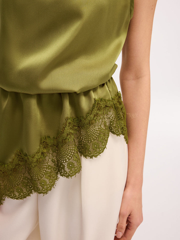 Lace Trim Satin Sleeveless Blouse