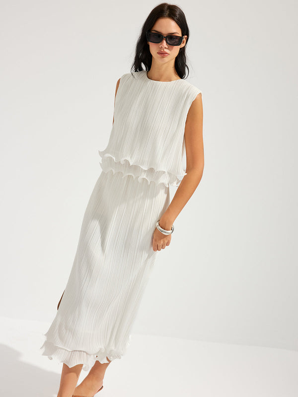 Pleated Ruffle Sleeveless Top & Midi Skirt Set
