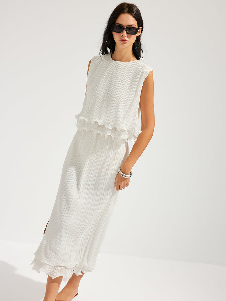 Pleated Ruffle Sleeveless Top & Midi Skirt Set