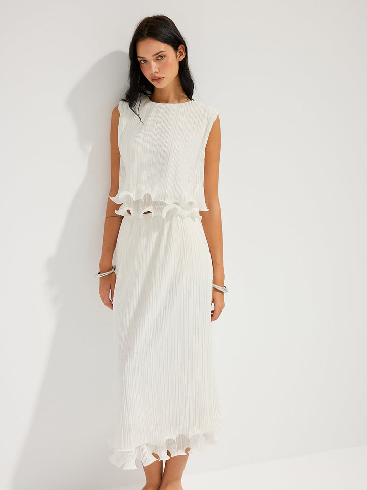 Pleated Ruffle Sleeveless Top & Midi Skirt Set
