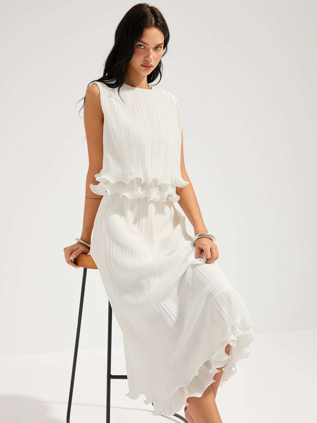 Pleated Ruffle Sleeveless Top & Midi Skirt Set