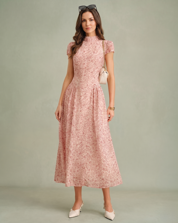 Pink Mock Neck Floral Maxi Dress