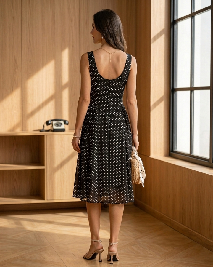 Black Polka Dot Chiffon Midi Dress