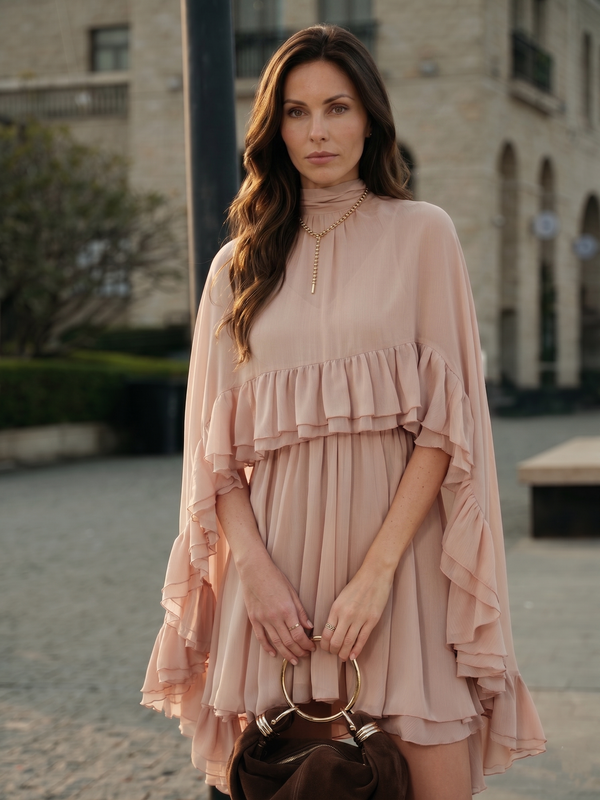 Semi-Sheer Chiffon Ruffle Dress With Outer Cape