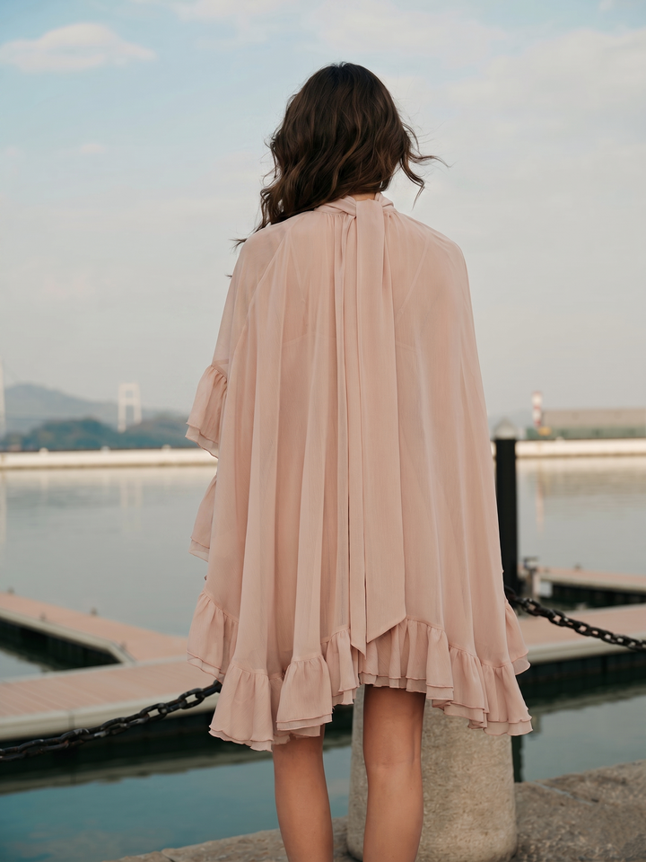 semi sheer chiffon ruffle dress with outer cape Semi-Sheer Chiffon Ruffle Dress With Outer Cape – Relvexo