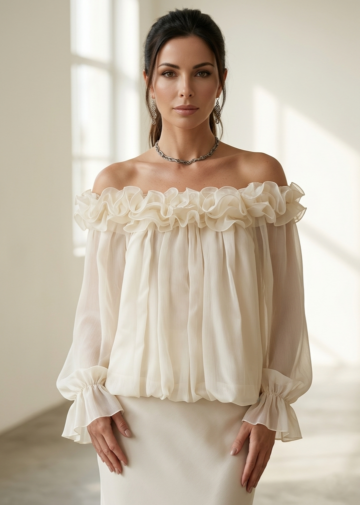 Apricot Ruffled Solid Blouses Slash Neck Spring