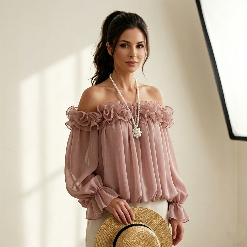 Apricot Ruffled Solid Blouses Slash Neck Spring