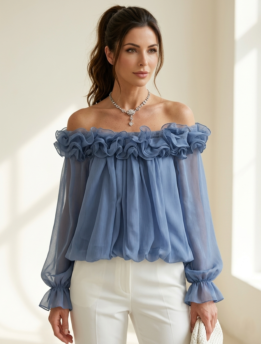 Apricot Ruffled Solid Blouses Slash Neck Spring