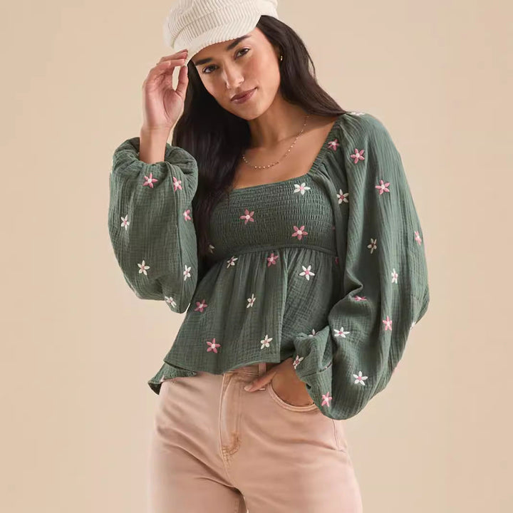 Comfy Floral Pleated Long Sleeve Top
