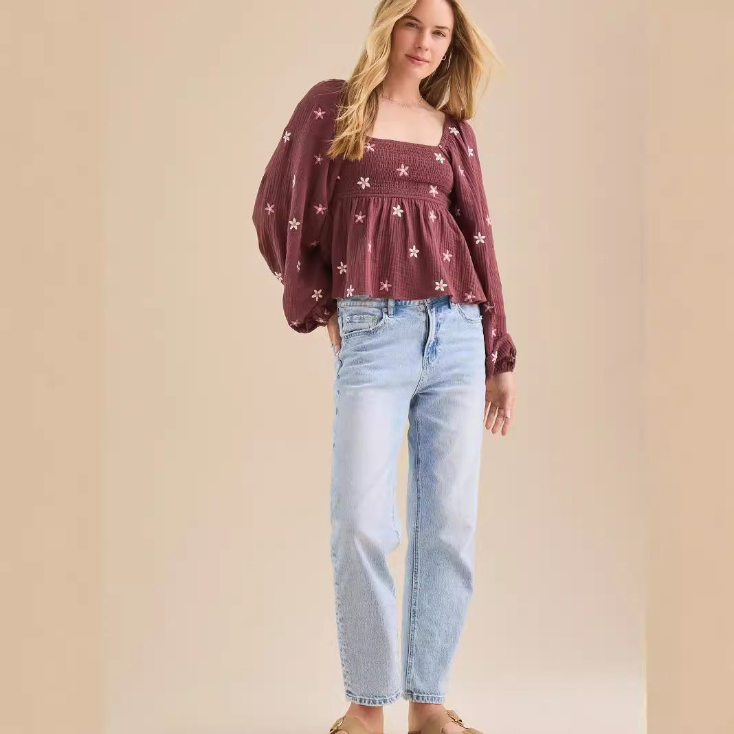 Comfy Floral Pleated Long Sleeve Top