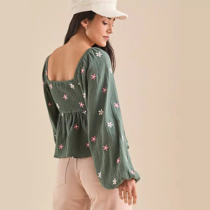 Comfy Floral Pleated Long Sleeve Top