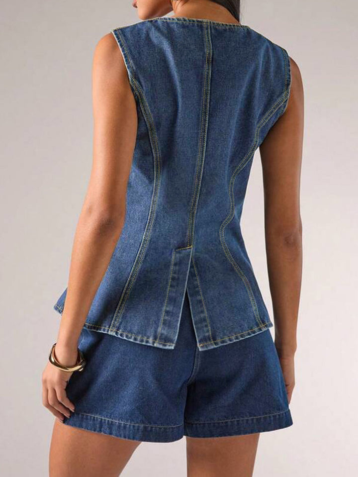 sleeveless denim top with gold statement buttons