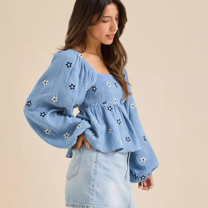 Comfy Floral Pleated Long Sleeve Top