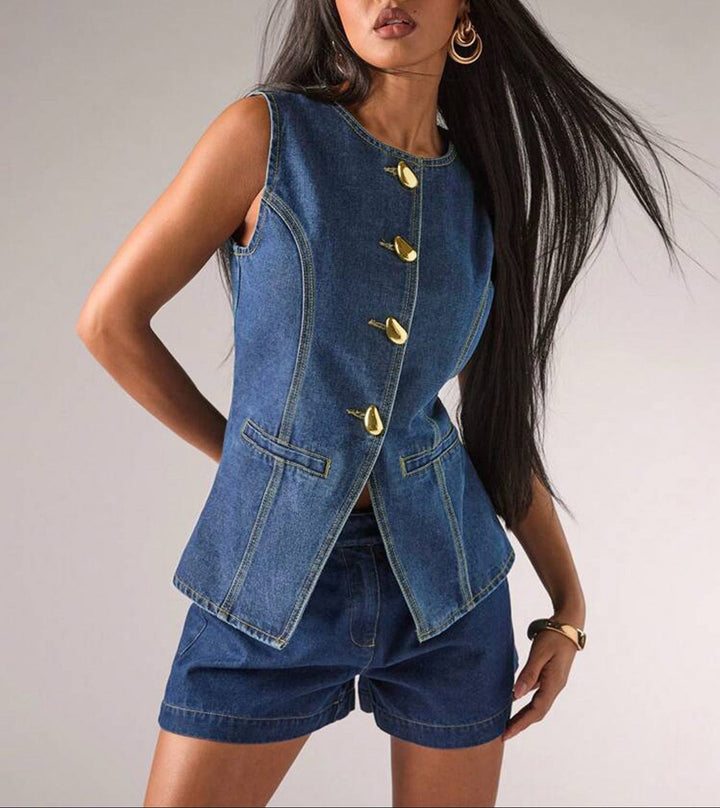 sleeveless denim top with gold statement buttons