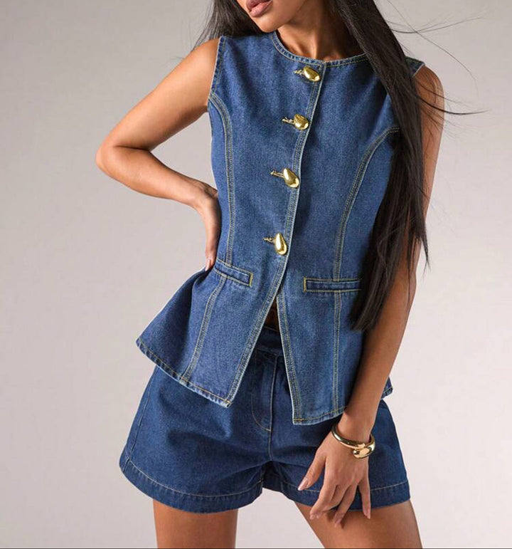 sleeveless denim top with gold statement buttons