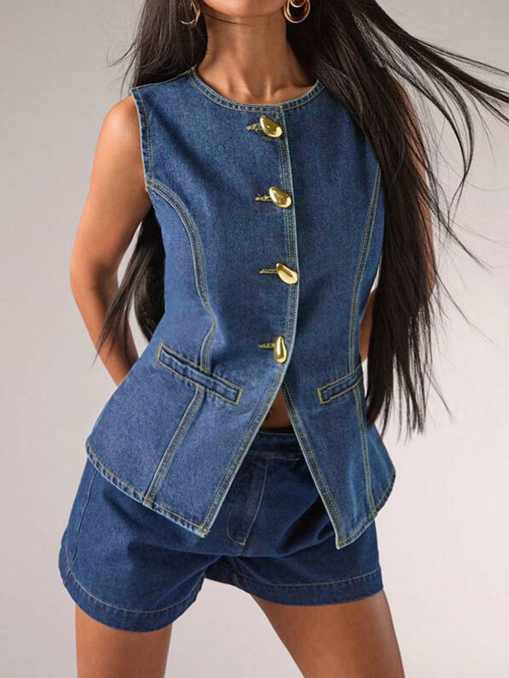 sleeveless denim top with gold statement buttons