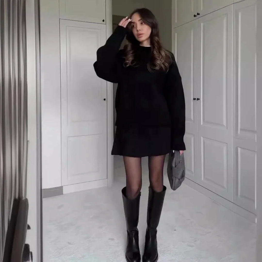 Ensemble deux pièces tricoté chic Hiver Automne Femme Mode Style Preppy Col rond Pull ample Jupe courte trapèze Ensembles Tenues Femme