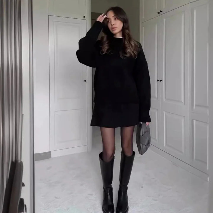 Ensemble deux pièces tricoté chic Hiver Automne Femme Mode Style Preppy Col rond Pull ample Jupe courte trapèze Ensembles Tenues Femme