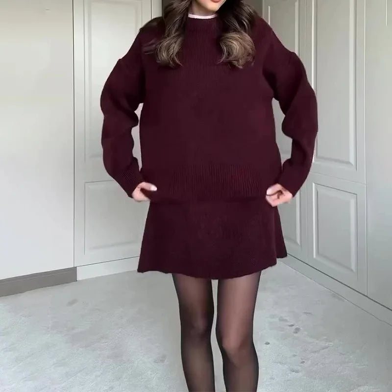 Ensemble deux pièces tricoté chic Hiver Automne Femme Mode Style Preppy Col rond Pull ample Jupe courte trapèze Ensembles Tenues Femme