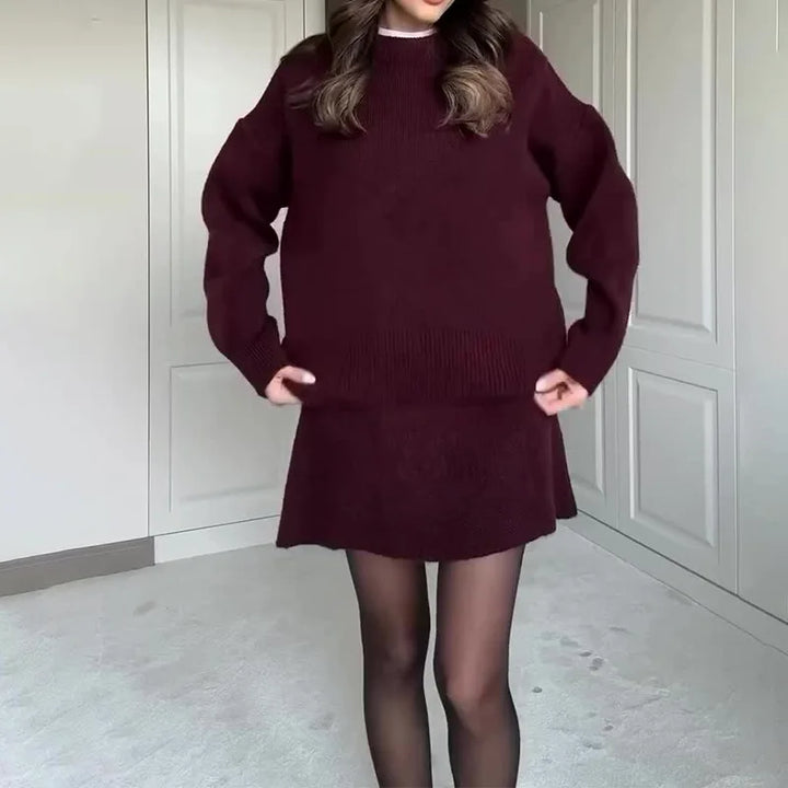 Ensemble deux pièces tricoté chic Hiver Automne Femme Mode Style Preppy Col rond Pull ample Jupe courte trapèze Ensembles Tenues Femme