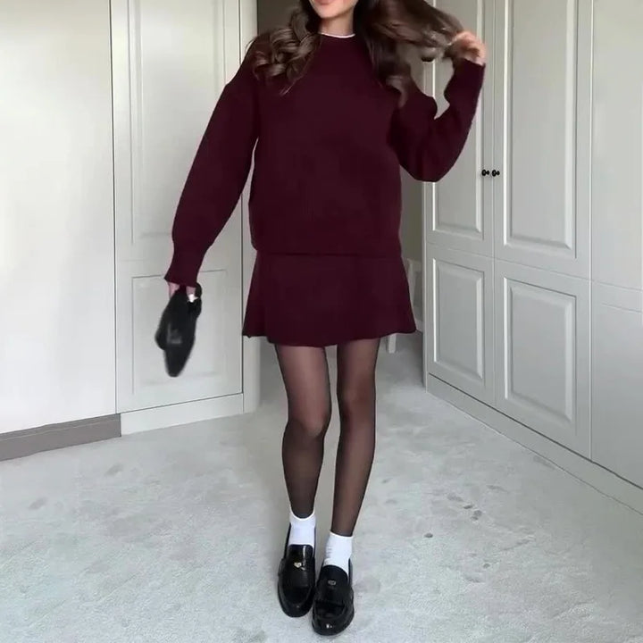 Ensemble deux pièces tricoté chic Hiver Automne Femme Mode Style Preppy Col rond Pull ample Jupe courte trapèze Ensembles Tenues Femme