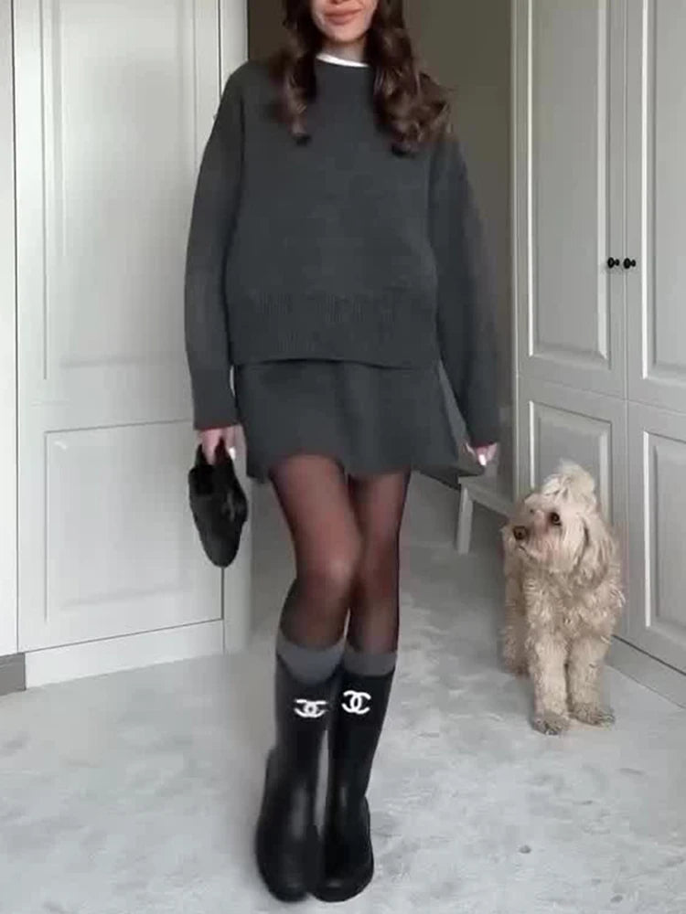 Ensemble deux pièces tricoté chic Hiver Automne Femme Mode Style Preppy Col rond Pull ample Jupe courte trapèze Ensembles Tenues Femme