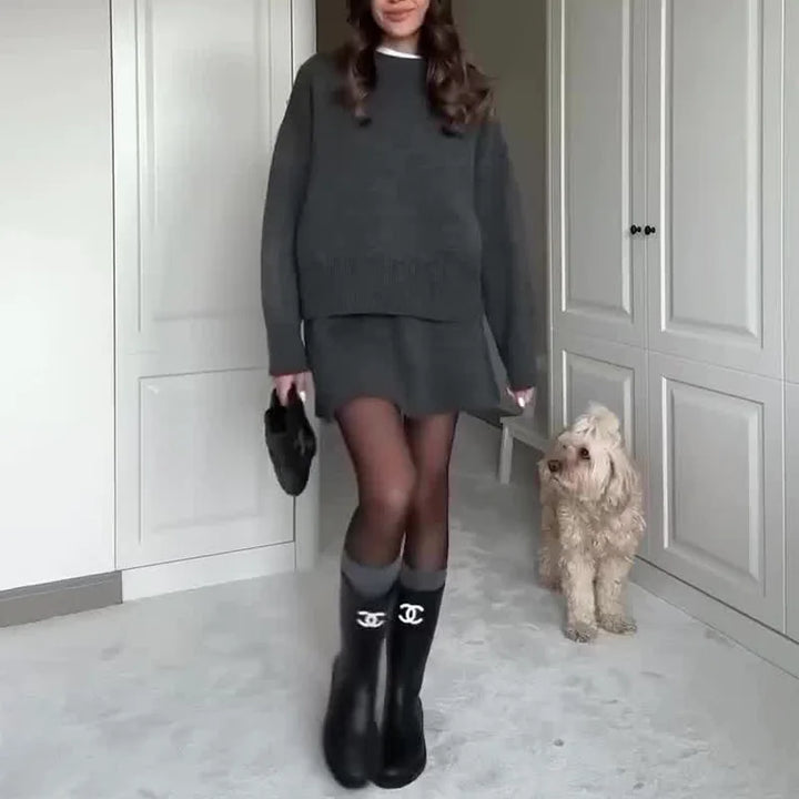 Ensemble deux pièces tricoté chic Hiver Automne Femme Mode Style Preppy Col rond Pull ample Jupe courte trapèze Ensembles Tenues Femme