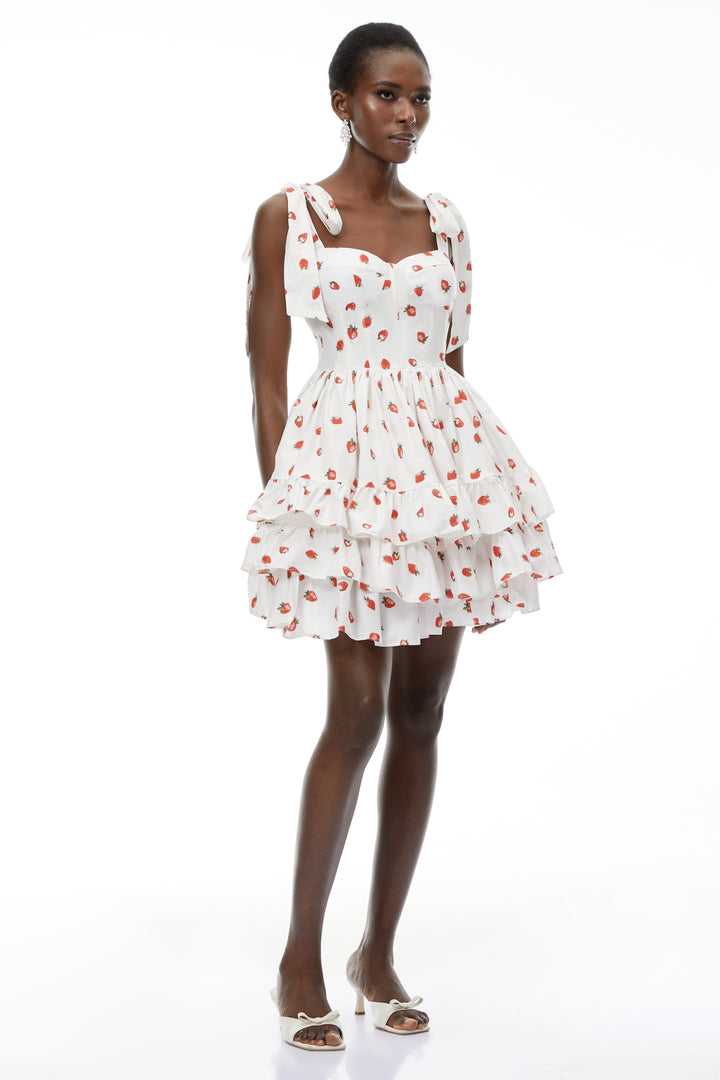 Robe courte étagée à imprimé fraises Tamara White