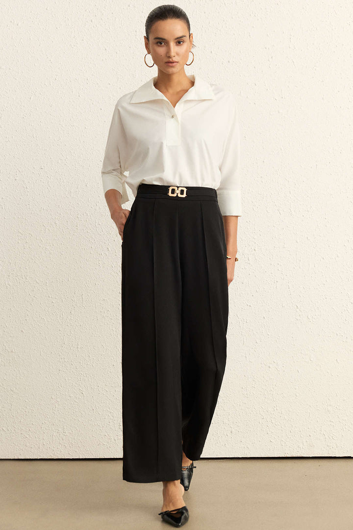 Solid Belted Wide-Leg Pants
