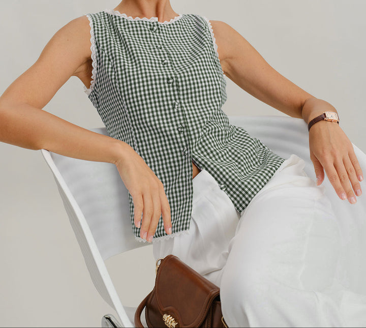Débardeur à carreaux vert à col bateau