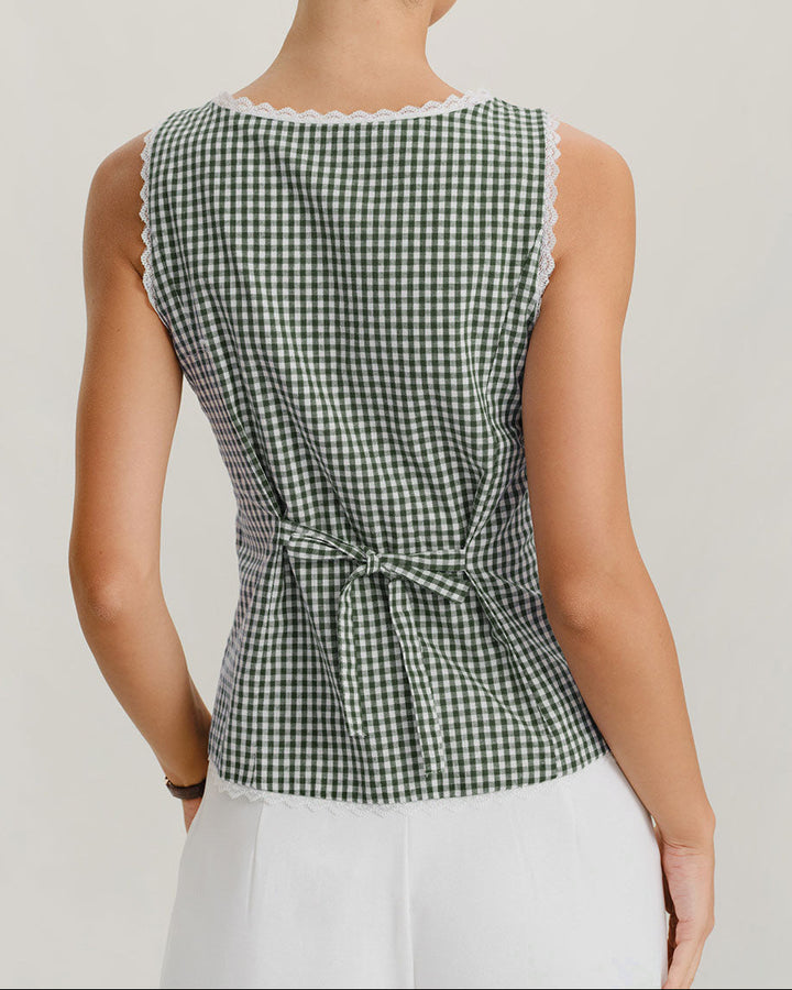 Débardeur à carreaux vert à col bateau