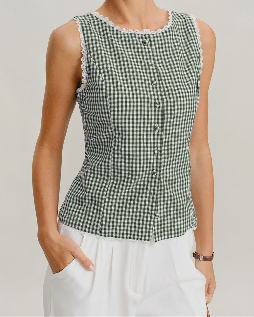 Débardeur à carreaux vert à col bateau